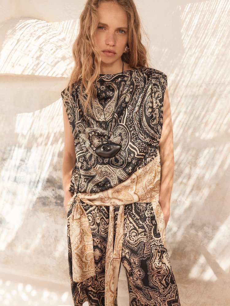 BHOEM Black Satin Paisley Printed Draped Top - Image 1 of 5 BHOEM Black Satin Paisley Printed Draped Top - Image 1 of 5