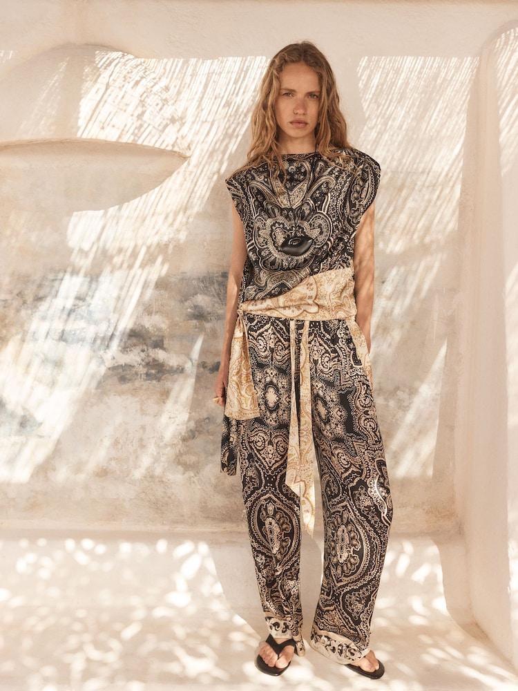 BHOEM Black Satin Paisley Printed Draped Top - Image 2 of 5 BHOEM Black Satin Paisley Printed Draped Top - Image 2 of 5