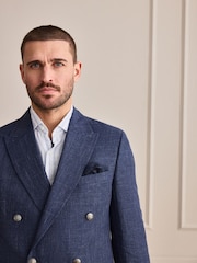 أزرق داكن أزرق - Signature 100% Linen Textured Double Breasted Blazer - صورة 1 من 10