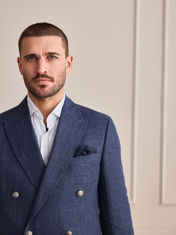 أزرق داكن أزرق - Signature 100% Linen Textured Double Breasted Blazer - صورة 1 من 10