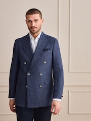 أزرق داكن أزرق - Signature 100% Linen Textured Double Breasted Blazer - صورة 2 من 10