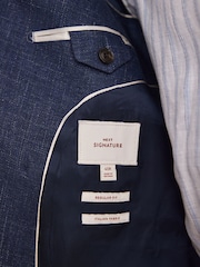 أزرق داكن أزرق - Signature 100% Linen Textured Double Breasted Blazer - صورة 4 من 10
