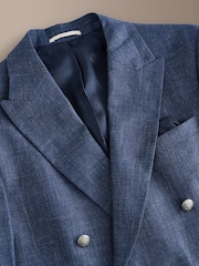 أزرق داكن أزرق - Signature 100% Linen Textured Double Breasted Blazer - صورة 6 من 10