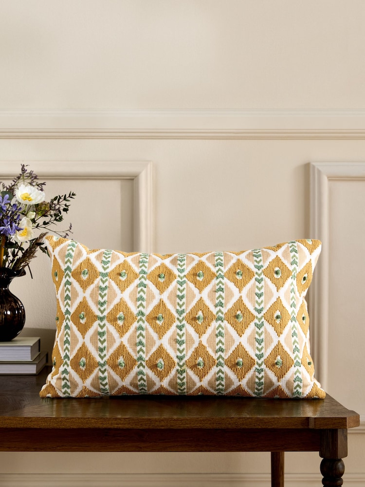 Nina Campbell Ochre Ikat Stripe Embroidered Cushion - Image 1 of 6