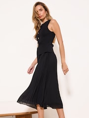 Lipsy Black Belted Hybrid Chiffon Skirt Sleeveless Knitted Maxi Dress - Image 2 of 5