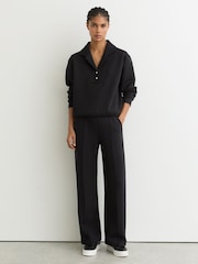 Reiss Black Bella Premium Interlock Wide-Leg Joggers - Image 1 of 7
