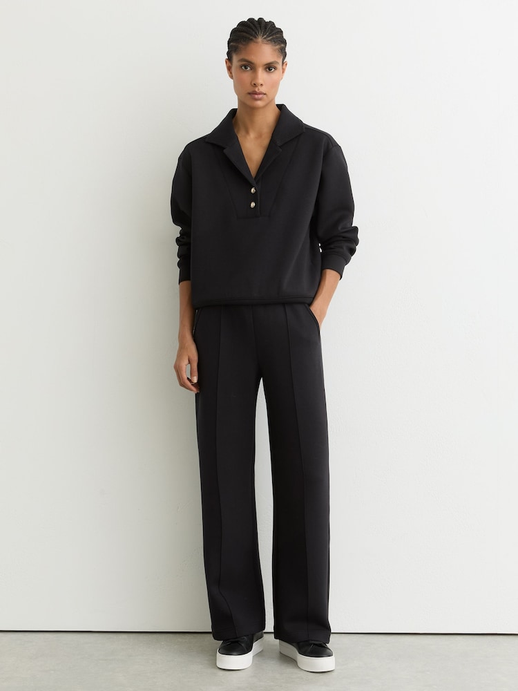 Reiss Black Bella Premium Interlock Wide-Leg Joggers - Image 1 of 7