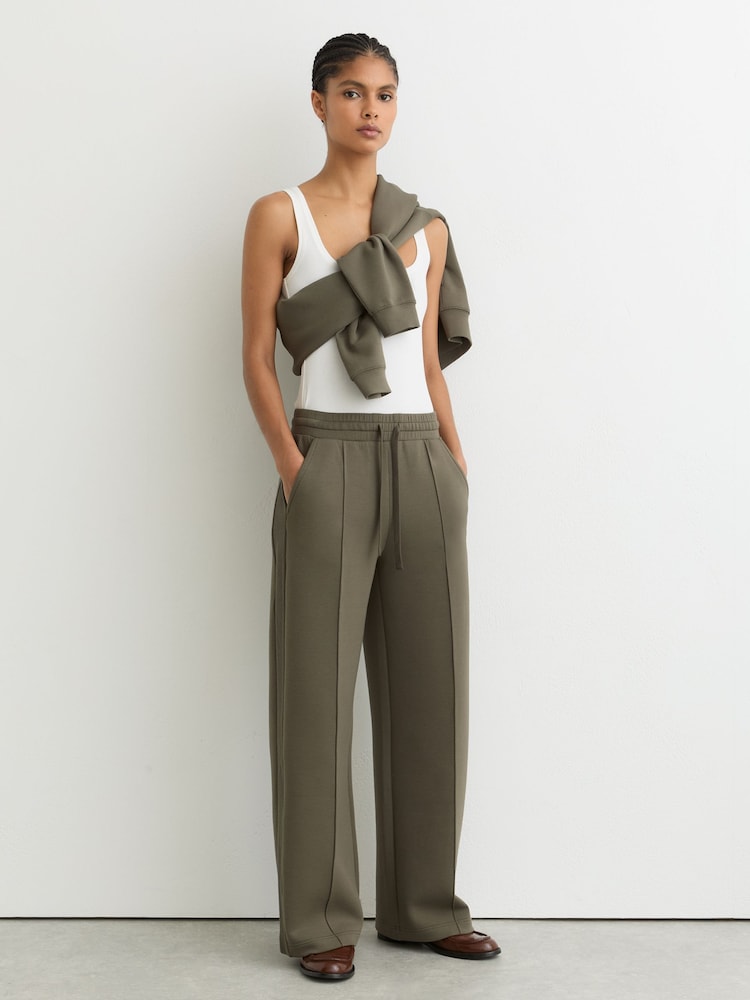 Reiss Khaki Green Bella Premium Interlock Wide-Leg Joggers - Image 1 of 6 Reiss Khaki Green Bella Premium Interlock Wide-Leg Joggers - Image 1 of 6