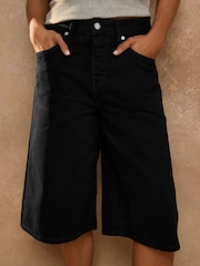 Black Knee Length Denim Jort Shorts - Image 5 of 9