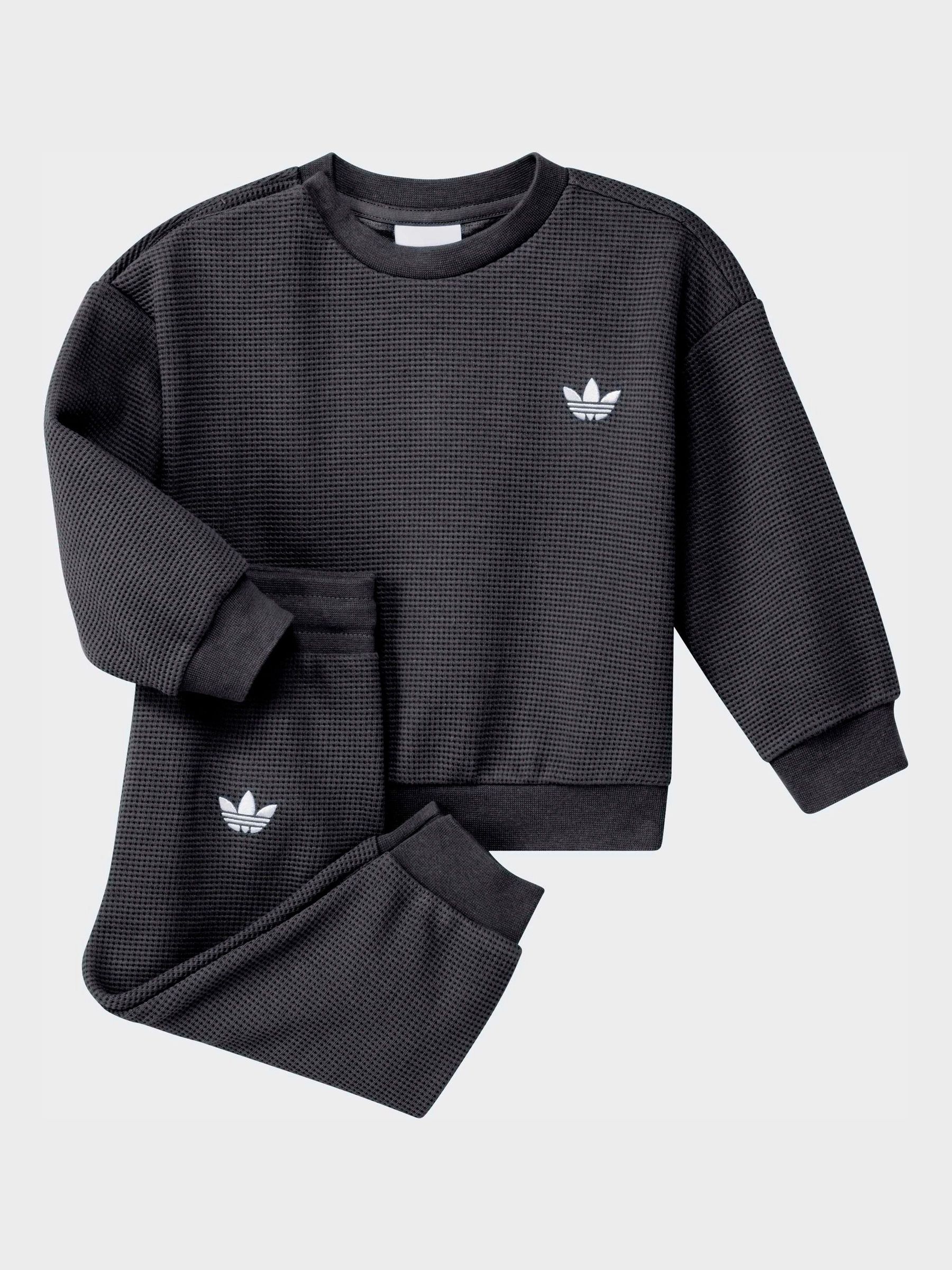 adidas Originals Black Waffle Texture Top and Joggers Set view 1