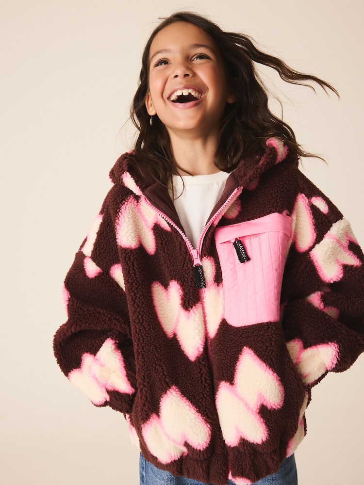 Brown/Pink Heart Zip Up Hoodied Borg Jacket (3-16yrs) - Image 1 of 4 Brown/Pink Heart Zip Up Hoodied Borg Jacket (3-16yrs) - Image 1 of 4