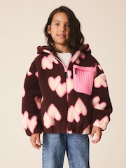 Brown/Pink Heart Zip Up Hoodied Borg Jacket (3-16yrs) - Image 2 of 4