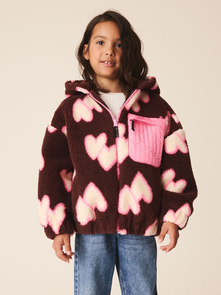 Brown/Pink Heart Zip Up Hoodied Borg Jacket (3-16yrs) - Image 2 of 4 Brown/Pink Heart Zip Up Hoodied Borg Jacket (3-16yrs) - Image 2 of 4
