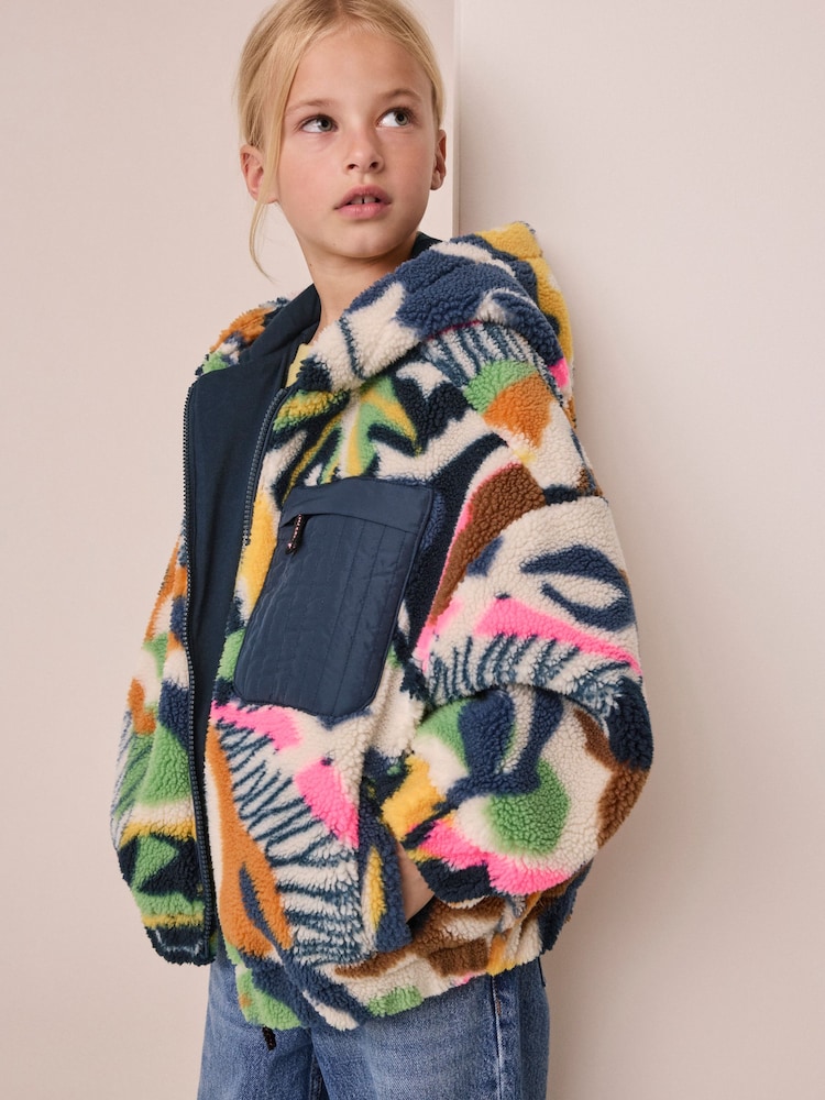 Abstract Leaf Print Zip Up Hoodied Borg Jacket (3-16yrs) - Image 1 of 10 Abstract Leaf Print Zip Up Hoodied Borg Jacket (3-16yrs) - Image 1 of 10