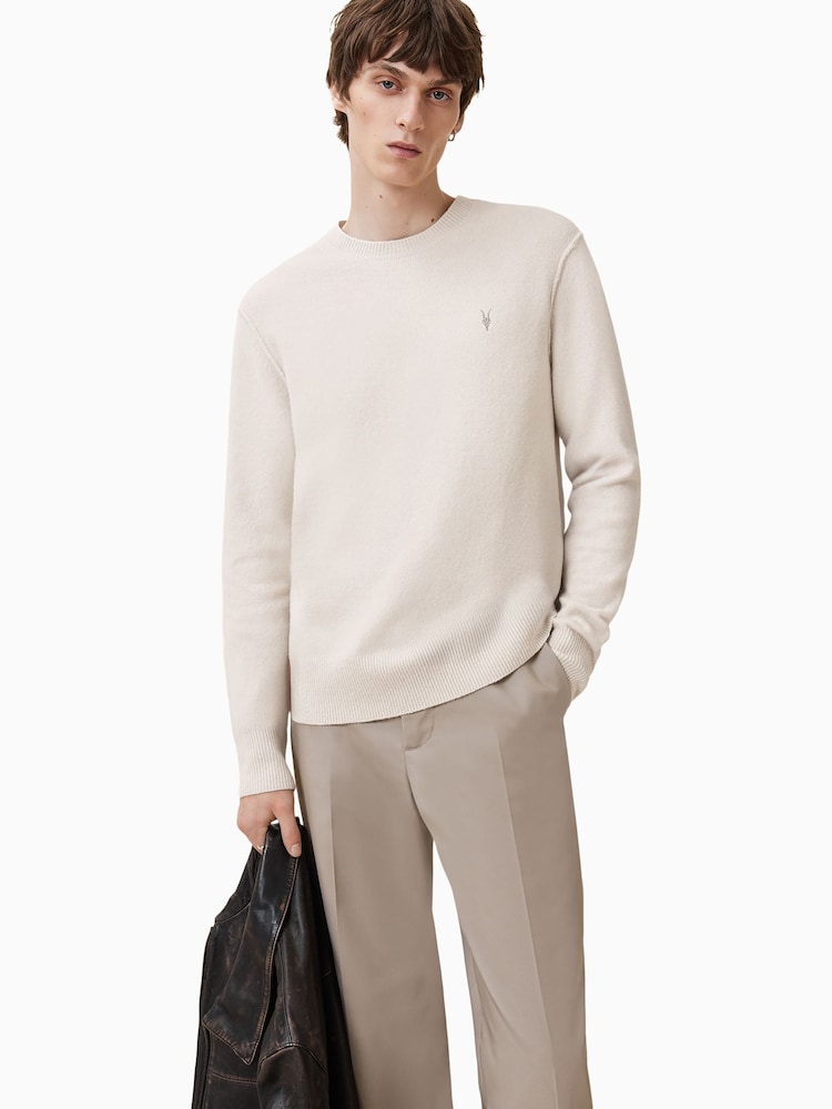 AllSaints Cream Statten Crew Neck Jumper - Image 1 of 9 AllSaints Cream Statten Crew Neck Jumper - Image 1 of 9