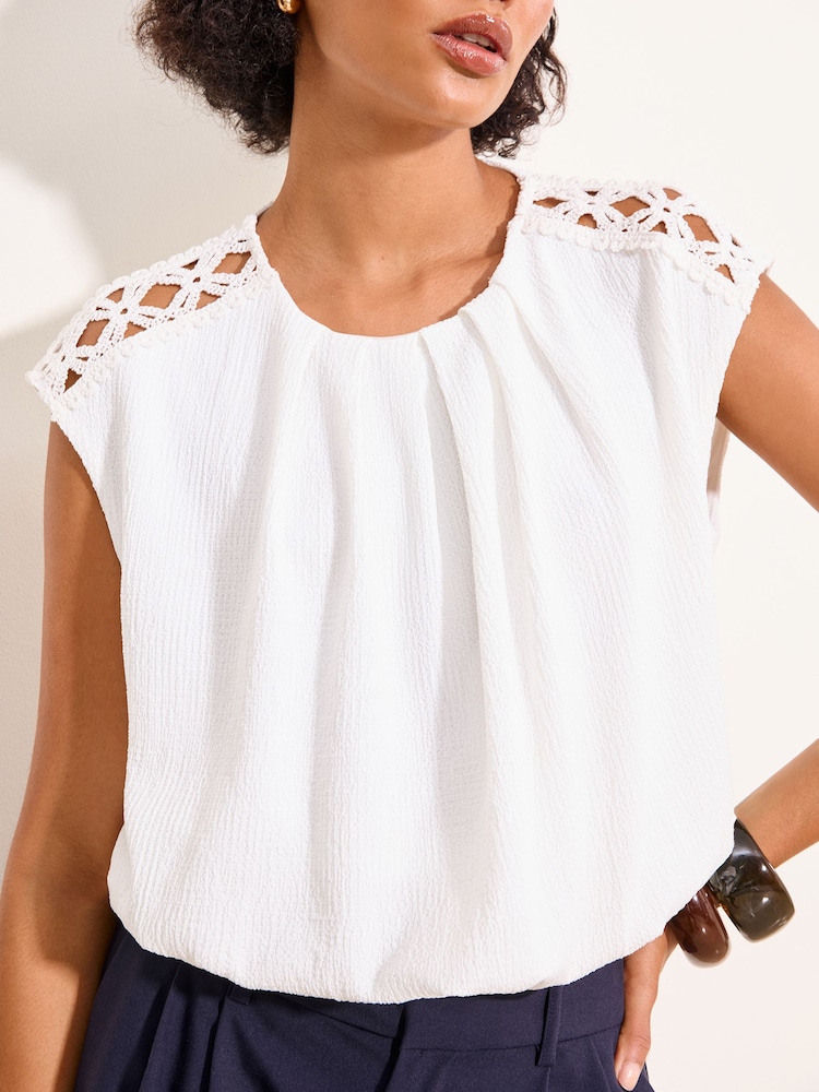 Lipsy White Bubble Hem Crochet Shoulder Detail Top - Image 2 of 5