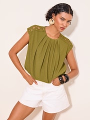 Lipsy Olive Green Bubble Hem Crochet Shoulder Detail Top - Image 1 of 4