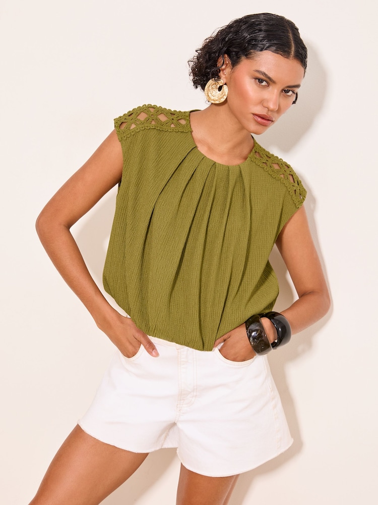 Lipsy Olive Green Bubble Hem Crochet Shoulder Detail Top - Image 1 of 4