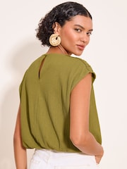 Lipsy Olive Green Bubble Hem Crochet Shoulder Detail Top - Image 2 of 4