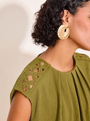 Lipsy Olive Green Bubble Hem Crochet Shoulder Detail Top - Image 4 of 4