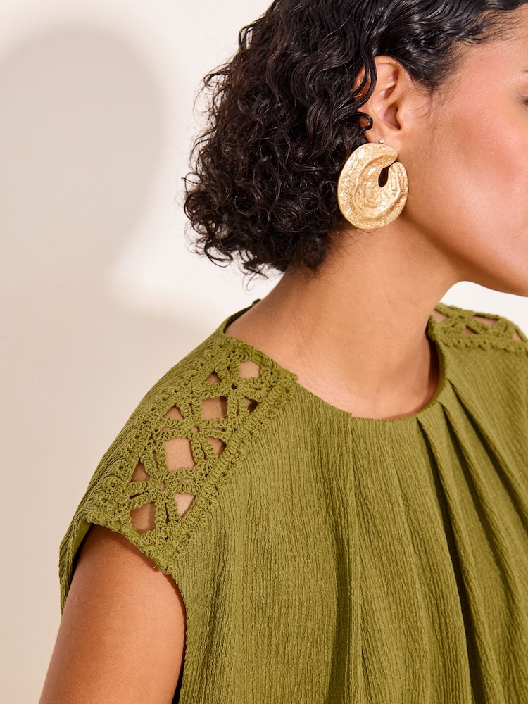 Lipsy Olive Green Bubble Hem Crochet Shoulder Detail Top - Image 4 of 4