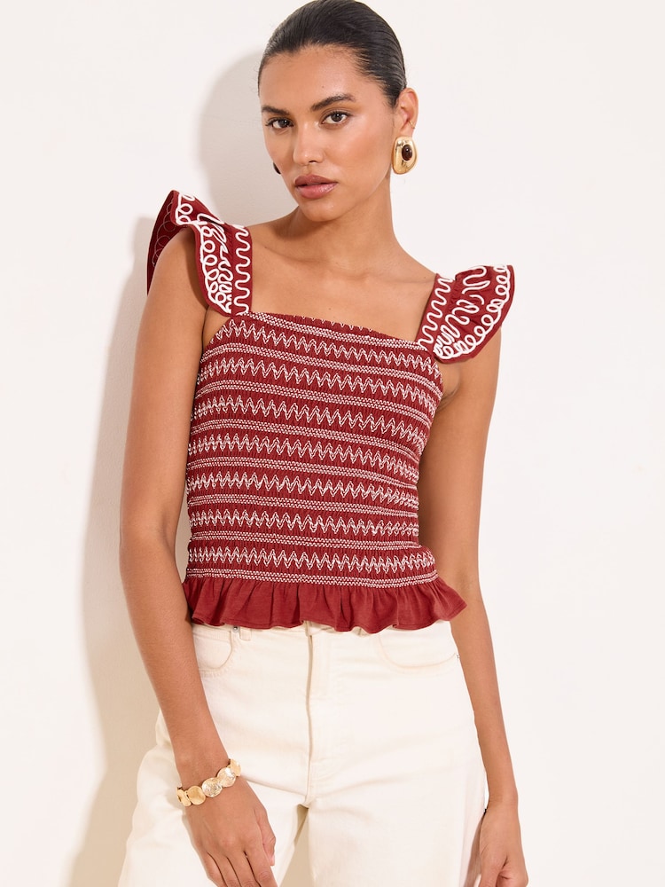 Lipsy Rust Red Shirred Cornelli Embroidered Ruffle Strap Vest - Image 1 of 5