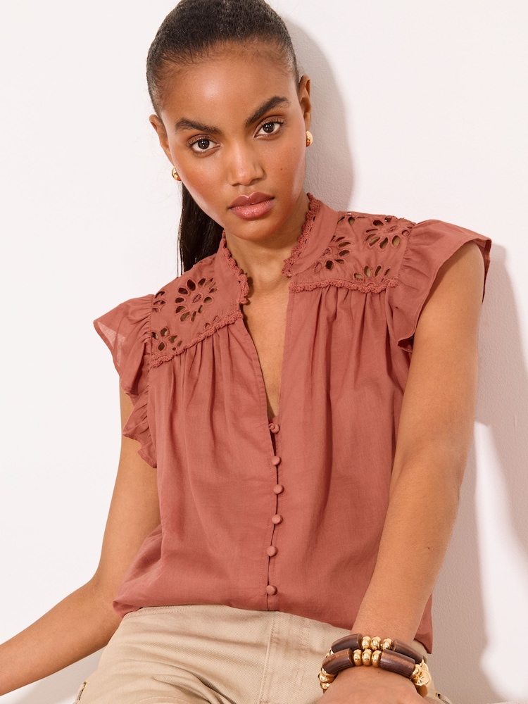 铁锈色红色 - Lipsy Broderie Shoulder Ruffle Sleeve Shell Top - 图片1 / 5
