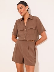 Lipsy Brown Bubble Hem Utility Shirt - Image 1 of 5
