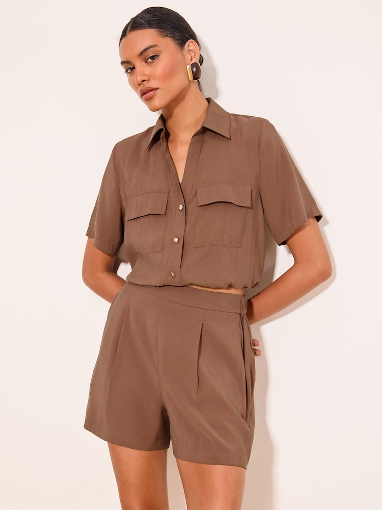 Lipsy Brown Bubble Hem Utility Shirt - Image 1 of 5 Lipsy Brown Bubble Hem Utility Shirt - Image 1 of 5