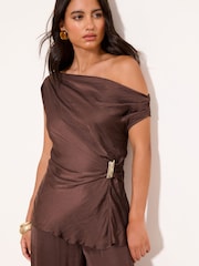 Lipsy Chocolate Brown Slash Neck Textured Satin Hardwear Detail Top - Image 1 of 5