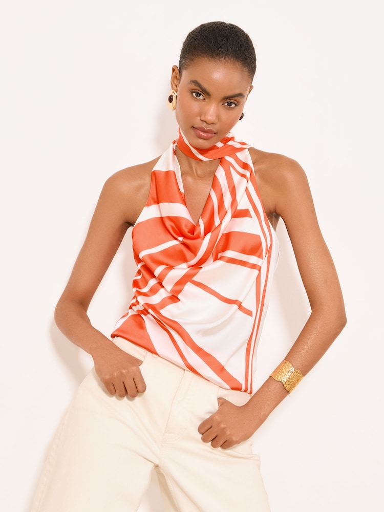 Lipsy Orange White Print Tie Neck Halter Top - Image 1 of 5