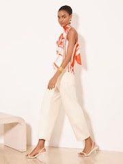 Lipsy Orange White Print Tie Neck Halter Top - Image 4 of 5