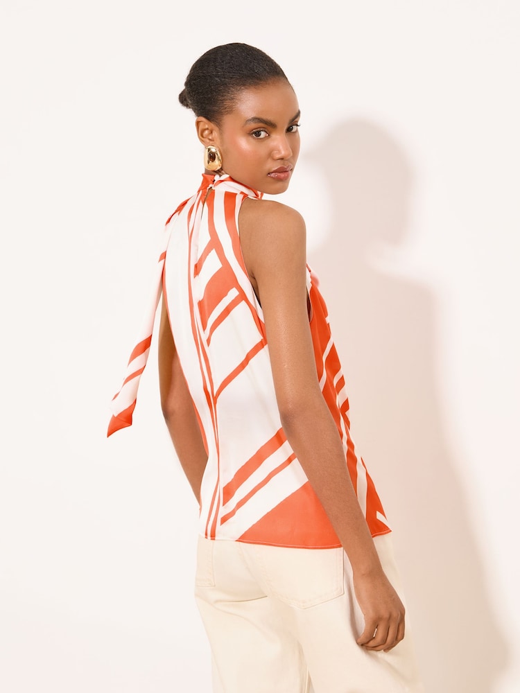 Lipsy Orange White Print Tie Neck Halter Top - Image 5 of 5