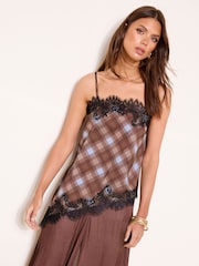 Lipsy Chocolate Brown Blue Check Asymmetric Lace Cami - Image 1 of 5