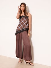 Lipsy Chocolate Brown Blue Check Asymmetric Lace Cami - Image 4 of 5