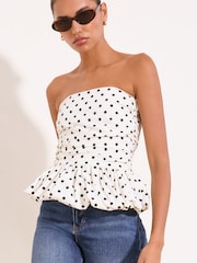 Lipsy White & Black Polka Dot Printed Bandeau Puff Hem Top - Image 1 of 5