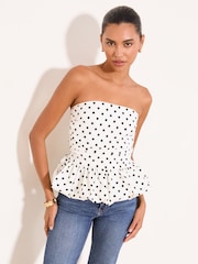 Lipsy White & Black Polka Dot Printed Bandeau Puff Hem Top - Image 2 of 5