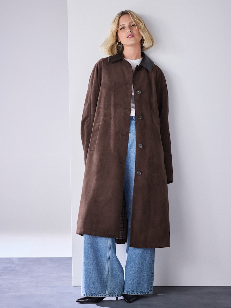 Chocolate Brown Check Lined Faux Suede Trench Coat - Image 1 of 9 Chocolate Brown Check Lined Faux Suede Trench Coat - Image 1 of 9