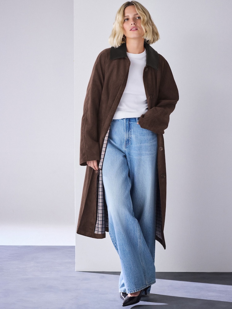 Chocolate Brown Check Lined Faux Suede Trench Coat - Image 2 of 9 Chocolate Brown Check Lined Faux Suede Trench Coat - Image 2 of 9