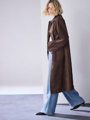 Chocolate Brown Check Lined Faux Suede Trench Coat - Image 3 of 9