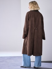 Chocolate Brown Check Lined Faux Suede Trench Coat - Image 4 of 9