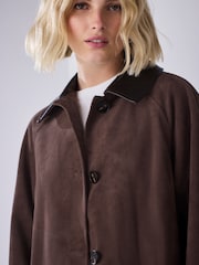Chocolate Brown Check Lined Faux Suede Trench Coat - Image 5 of 9
