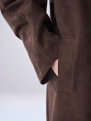 Chocolate Brown Check Lined Faux Suede Trench Coat - Image 6 of 9