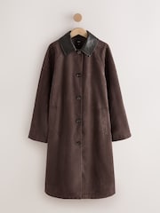 Chocolate Brown Check Lined Faux Suede Trench Coat - Image 7 of 9