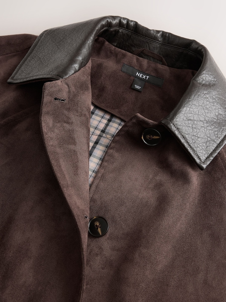 Chocolate Brown Check Lined Faux Suede Trench Coat - Image 9 of 9 Chocolate Brown Check Lined Faux Suede Trench Coat - Image 9 of 9