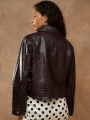 Berry Red Croc Texture Faux Leather Jacket - Image 3 of 9