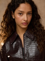 Berry Red Croc Texture Faux Leather Jacket - Image 4 of 9