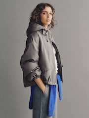 Grey Waterproof Funnel Neck Padded Bomber Jacket - Image 1 of 8