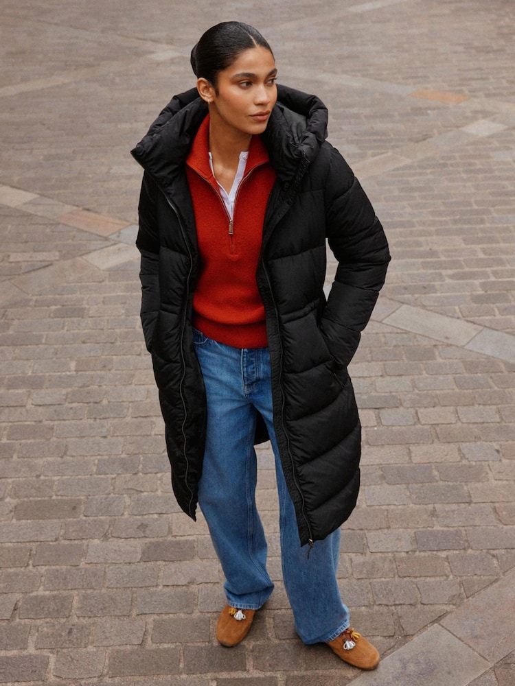 Black Shower Resistant Hooded Long Padded Puffer Coat - Image 1 of 7 Black Shower Resistant Hooded Long Padded Puffer Coat - Image 1 of 7