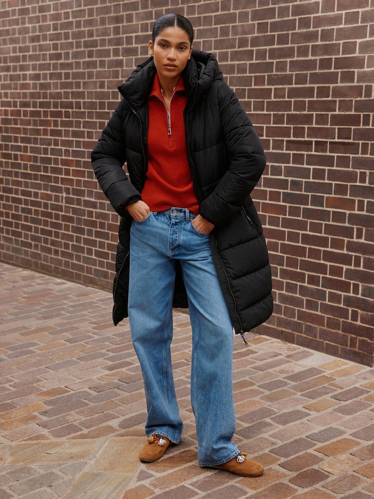 Black Shower Resistant Hooded Long Padded Puffer Coat - Image 2 of 7 Black Shower Resistant Hooded Long Padded Puffer Coat - Image 2 of 7
